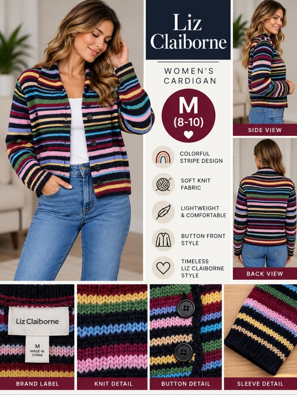 Liz Claiborne Women's medium colorful sweater cardigan #32